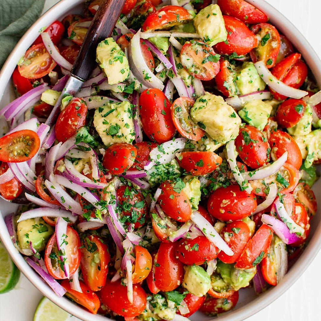 Avocado Salad with Grape Tomatoes, Red Onions, and White Mushrooms - Lemon Oil Dressing