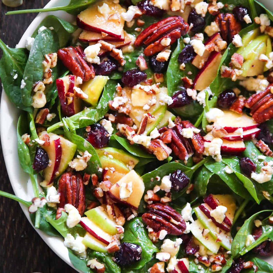 Mango & Apple Salad On A Bed Of Spinach Leaves - Raspberry Dressing