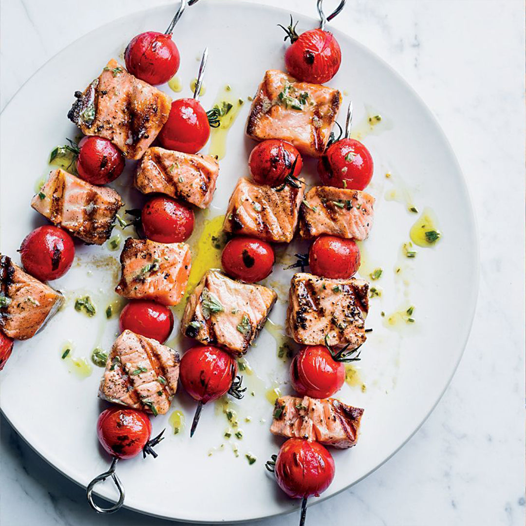 Salmon Skewers - Baked (2 Salmon Cubes with Grape Tomatoes) - Packed 12